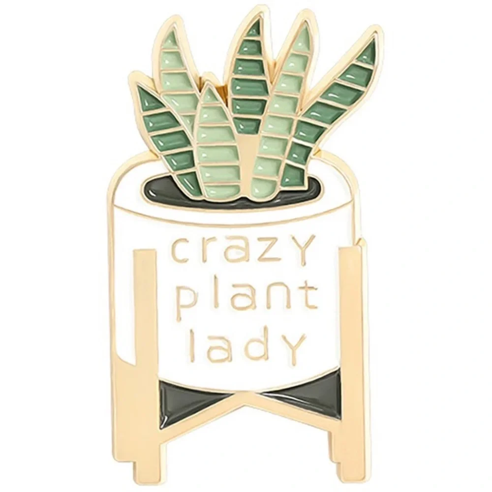 Boho Potted Snake Plant On A Stand “Crazy Plant Lady” Metal Enamel Pin Brooch - Picture 1 of 13